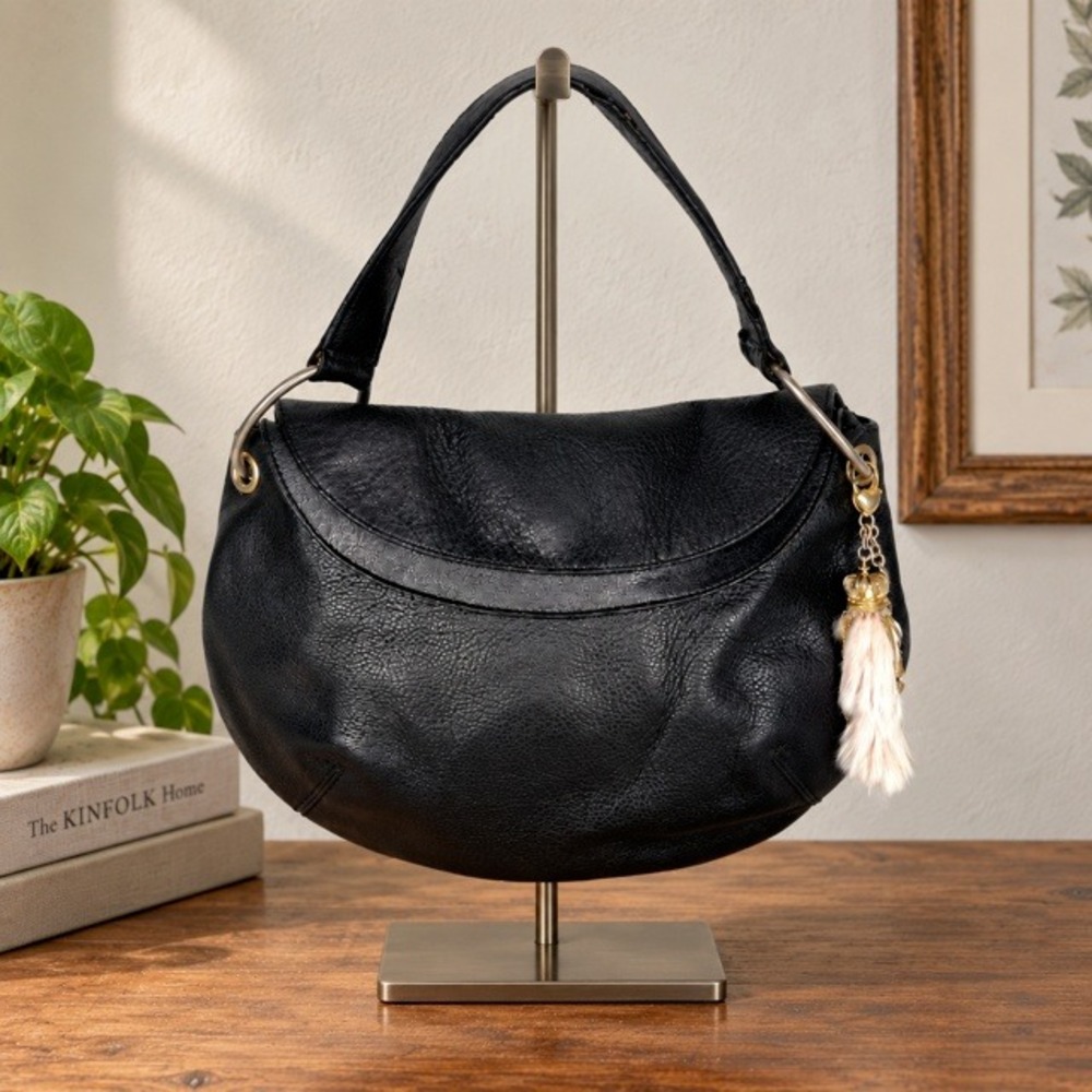 Vintage Y2K Juicy Couture Princess Black Leather Hobo Bag Rabbit Foot Charm